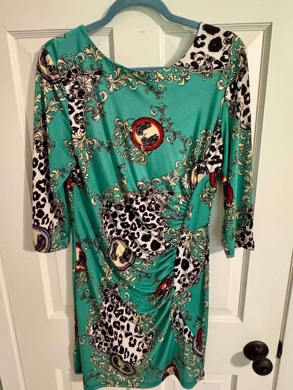 Papillon Mixed Print Ruched Dress Size L Turquoise Leopard Baroque